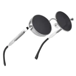 Royal Son Black Polarized Steampunk Round Sunglasses image 2