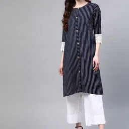 Laado - Pamper Yourself Women Navy Blue & White Cotton Striped Straight Kurta-picture-23