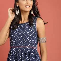 Taavi Women Indigo Hand Block Printed Fit & Flare Sustainable Dress with Gathers image 1