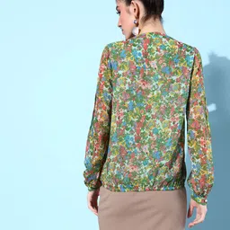 QUIERO Floral Print Mandarin Collar Chiffon Blouson Top with Lace inserts Detail image 4