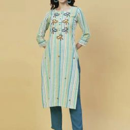 Fashor Green Cotton Embroidered Straight Kurta-picture-26