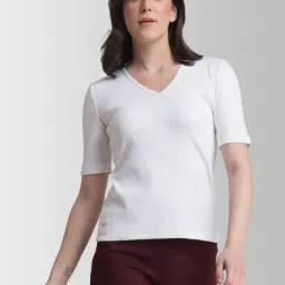 Fablestreet White Cotton V Neck T-Shirt-image-13