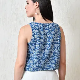 DECKEDUP Blue Cotton Printed Waistcoat Jacket image 2