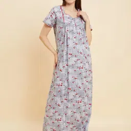 Sweet Dreams Grey Cotton Floral Print Night Gown-image-75
