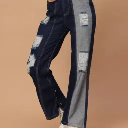 KASSUALLY Blue Cotton Distressed High Rise Jeans-picture-35