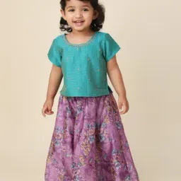Fabindia Kids Blue with Purple Floral Print Lehenga with Choli-image-49