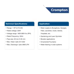 Crompton 0.5 HP Self Priming Mini Pump Sure Fill Plus Series Single Phase and 1850-450 LPH Flow Rate, PRIMO II image 3
