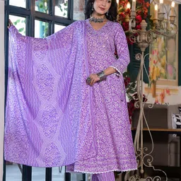 KALINI Women Floral Embroidered Angrakha Sequinned Pure Cotton Kurta with Trousers & With Dupatta image 1