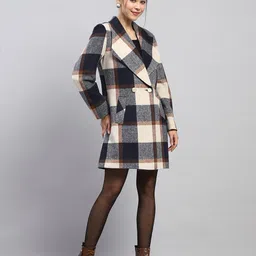 monte carlo Womens Check Navy Blue Notch Lapel Full Sleeve Coat image 4