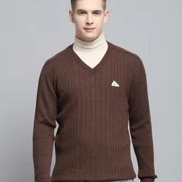 monte carlo Mens Solid Dark Brown V Neck Full Sleeve Pullover_1240566VN-2450 image 2