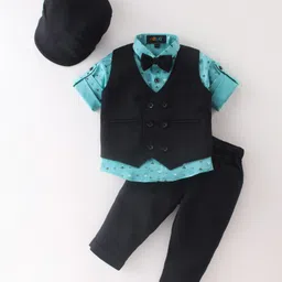 Robo Fry Cotton Lycra Full Sleeves Three Piece Party Suit with Bow & Hat - Black-picture-19