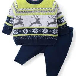 Babyhug Knitted Full Sleeves Pullover Sweater Set With Reindeer & Floral Design - Navy Blue-picture-26