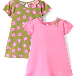 Babyhug Single Jersey Knit Half Sleeves Dresses With Floral Print & Bow Applique Pack of 2 - Olive Green & Pink-picture-33