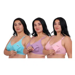 Fabme Pack Of 3 Cotton Sleeveless Solid Nursing Bras - Sea Green Pink & Lavender-image-63