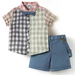 ToffyHouse Poplin Woven Half Sleeves Checks Shirt & Shorts With Bow & Suspender - Multicolor-picture-13