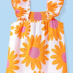 Babyhug Woven Sleeveless Top With Smock Detailing & Floral Print - White & Orange-picture-11