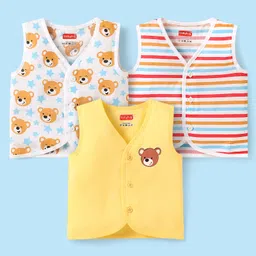 Babyhug Cambric Woven Sleeveless Jhablas With Striped & Bear Print Pack Of 3 - Yellow Red & White-picture-15