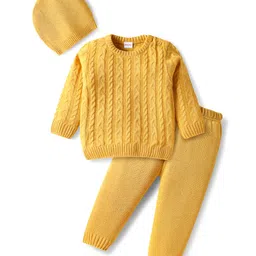 Babyhug Knitted Full Sleeves Pullover Sweater Set With Cable Knit Design & Cap - Mustard-picture-24