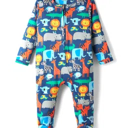 Babyhug Cotton Knit Full Sleeves Footed Sleepsuit with Animal Print - Navy Blue-picture-16