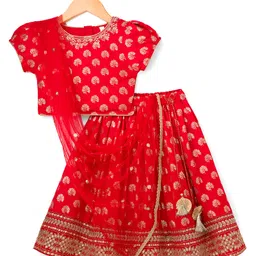 Babyhug Brocade Woven Half Sleeves Choli Lehenga & Dupatta Set With Floral Print - Red-picture-25