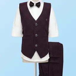 Rikidoos Full Sleeves Checked 3 Piece Party Suit With Bow Set - White & Wine-picture-12