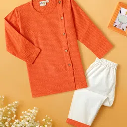 Desi Soota Cotton Woven Full Sleeves Katha Work Detailed Kurta & Pyjama Set - Orange-picture-21