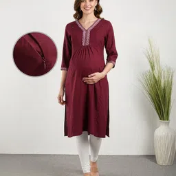 Bella Mama Woven Three Fourth Sleeves With Embroidered Yoke Maternity Suit Set - Maroon-picture-15
