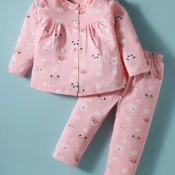 Teddy Sinker Knit Full Sleeves Co-ords Night Suit With Animal Print - Pink-picture-22