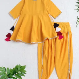 The Magic Wand Rayon Woven Three Fourth Sleeves Gota Lace Embellished Anarkali Kurti & Dhoti Set - Yellow-picture-19