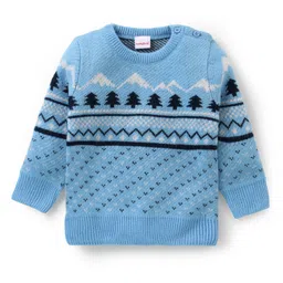 Babyhug Knit Full Sleeves Pullover Sweater and Pant Set Pine Tree Print - Blue image 2