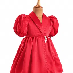 Babyhug Woven Half Puffed Sleeves Fit & Flared Solid Colour Collared Party Frock with Applique- Red image 4
