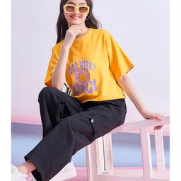 stylobug Stylo Bug Cotton Blend Half Sleeves Good Vibes Only Text Printed Top - Yellow image 5