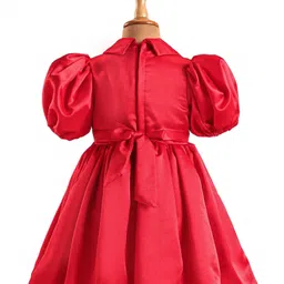 Babyhug Woven Half Puffed Sleeves Fit & Flared Solid Colour Collared Party Frock with Applique- Red image 5