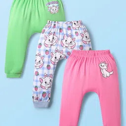 Babyhug Disney Interlock Knit Full Length Diaper Leggings with Aristocats Marie Graphics Pack of 3 - Green Pink & White image 5