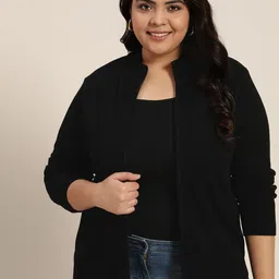 Sztori Women Plus Size Black Solid Zipper Cardigan-picture-17