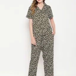 Clovia Olive Floral Print Shirt With Pyjama Set image 4