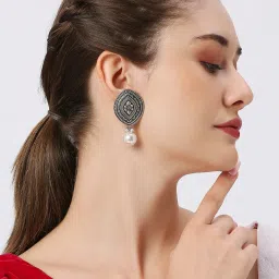 Oomph Jewellery Oxidized Silver Ethnic Silver Look Alike Marquise Shape with Pearl Drop Earrings image 4