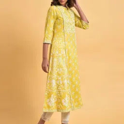 W Yellow Cotton Floral Print A Line Kurta image 4