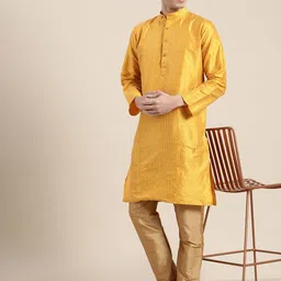 SOJANYA Men Mustard Yellow Regular Kurta with Churidar image 5