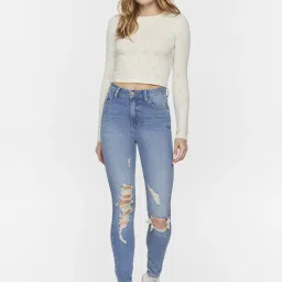 Forever 21 Blue Cotton Distressed High Rise Jeans image 4