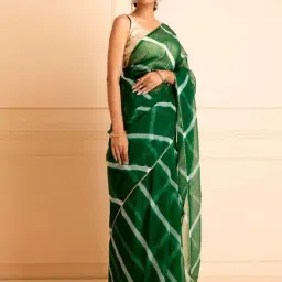 Geroo Jaipur Green Organza Hand Dyed Leheriya Saree image 5