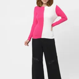 Vero Moda Pink & White Cotton Color-Block Sweater image 4