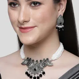 Karatcart Black Beads Oxidized Silver Jaipuri Choker Necklace Set for Women-image-40