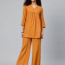 Cottinfab Embroidered Yoke Design Gathered Detail V-Neck Tunic with Palazzos-picture-18
