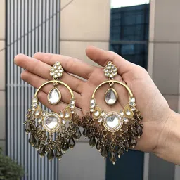 Anouk Gold-Plated Contemporary Artificial Stones Studded and Beaded Drop Earrings-picture-11