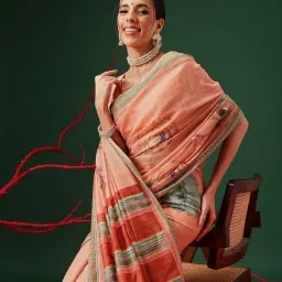 Silk Land Peach Cotton Blend Printed Saree image 4