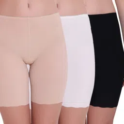 plumbury Women's Seamless Ice Silk Slip Shorts/Cycling Shorts/Under Skirt Shorts (Pack of 3) Black/White/Beige image 1