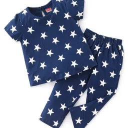 Babyhug Cotton Knit Half Sleeves Night Suit With Star Print - Navy Blue-picture-18