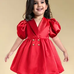 Babyhug Woven Half Puffed Sleeves Fit & Flared Solid Colour Collared Party Frock with Applique- Red-picture-28