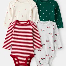 Carter's Knit Full Sleeves Onesies with Stripes & Printed Pack of 4 - Red Cream & Green-picture-30